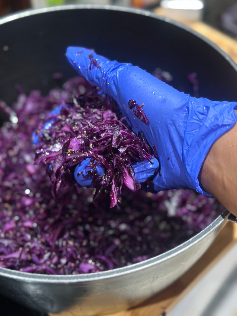 A hand wearing a blue glove holds shredded purple cabbage above a large bowl of chopped cabbage.